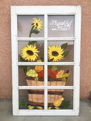 Repurposed Festive Window - finished fall motif recycled painted window