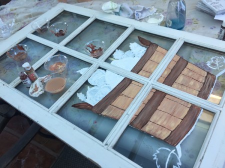 Repurposed Festive Window - when dry lightly draw on designs with a pencil and begin painting