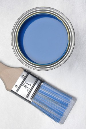 A can of blue paint and a paint brush.