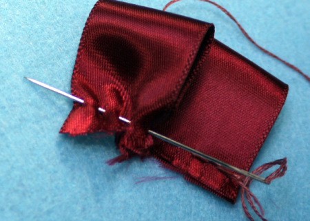 Ribbon and Button Flower Brooch - fold next piece of ribbon in half and continue making running stitches