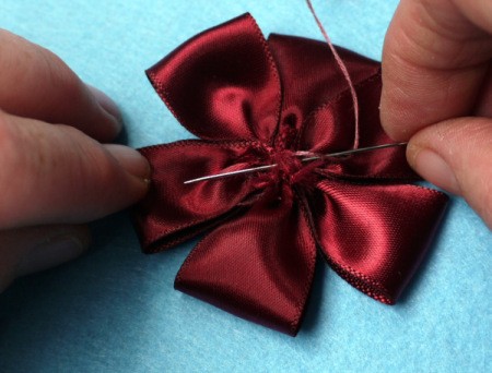 Ribbon and Button Flower Brooch - secure button with a back stitch