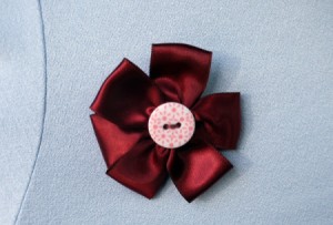 Ribbon and Button Flower Brooch - finished wine colored ribbon flower pin