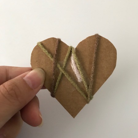 Yarn Heart Garland Decoration - back side of heart when just beginning to wrap yarn