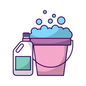 Illustration of a laundry soap bottle and a bucket.
