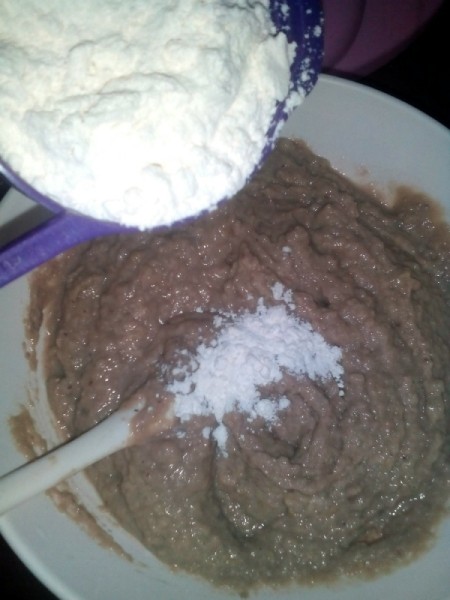 flour added to batter in bowl