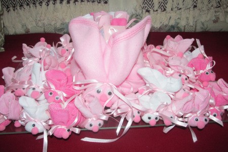 Make Boo-Boo Bunnies For a Baby Shower - finished display of small bunnies surrounding the large one