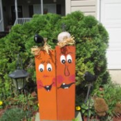 Scrap Wood Halloween Decorations - goofy pumpkin like faces