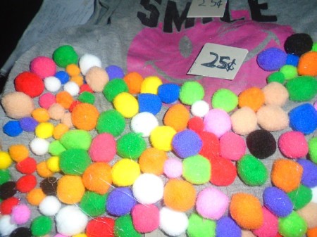 Bubble Gum Machine Costume - closeup of pom poms and one sign