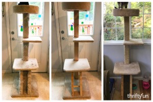 Refinishing a Cat Tree - three stages of the project beginning to end