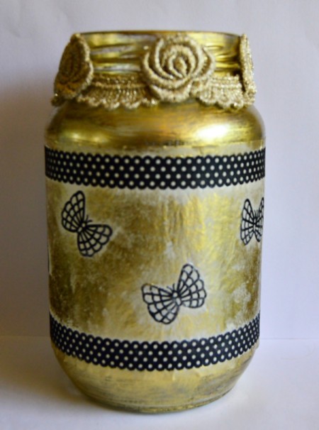 Silhouette Jar Storm Lantern - glue on lace border to neck of the jar and then add lace flowers