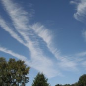 A sky full of streaks of white clouds.