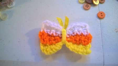Crocheted Candy Corn Butterfly Magnet - tie ribbon in center the ends will be the antenna