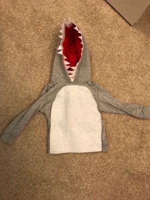 Shark Costume - front view of costume showing teeth and white felt belly