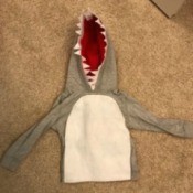 Shark Costume - front view of costume showing teeth and white felt belly