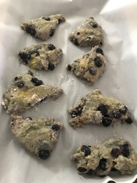 Blueberry Scones in triangles on parchment paper