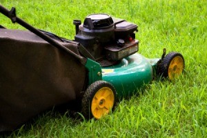 Green lawnmower with yellow wheels on grass.