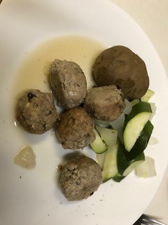 Chicken Marsala Meatballs with potato and zucchini on plate