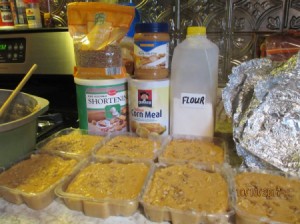 Homemade peanut butter suet in plastic containers.