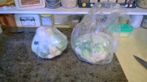 A bag that contains a head of cauliflower from the grocery store.