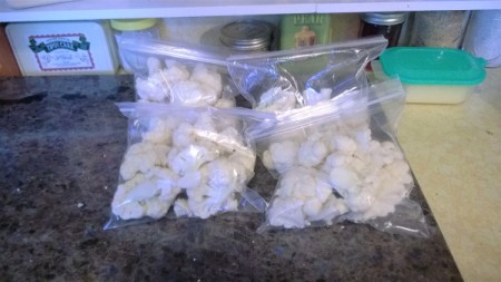 Ziptop bags of cut up cauliflower for storage.