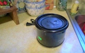 A replacement lid for a mini crockpot from a plastic bowl.