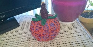 Yarn Bombed Pumpkin - pumpkin on tabletop