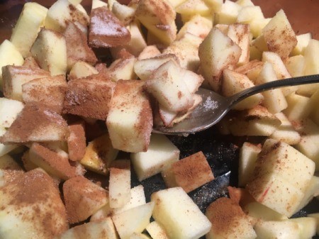 mixing chopped apples with cinnamon and sugar