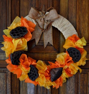 Lotus Pod and Crepe Paper Fall Wreath - fall wreath on door