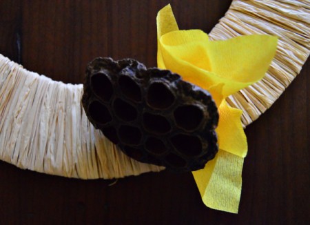 Lotus Pod and Crepe Paper Fall Wreath - glue ruffled squares of crepe and tissue paper flowers to wreath