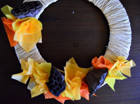 Lotus Pod and Crepe Paper Fall Wreath - continue gluing paper and final 2 pods to the wreath