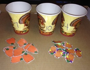 Thanksgiving Counting Cups - cups and pieces