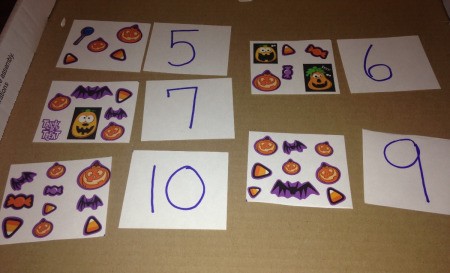Halloween Memory and Number Matching Cards - playing the number matching game