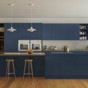 Navy and white kitchen with wooden details