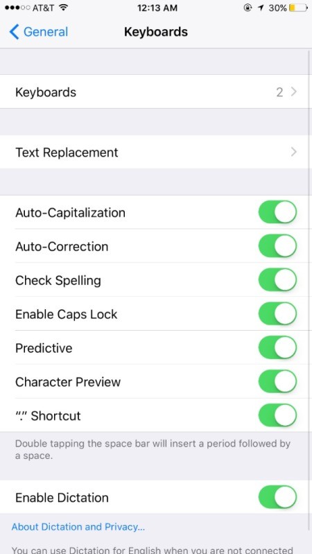 Organize Your Phone with Shortcuts - The text replacement option in the Keyboards section.