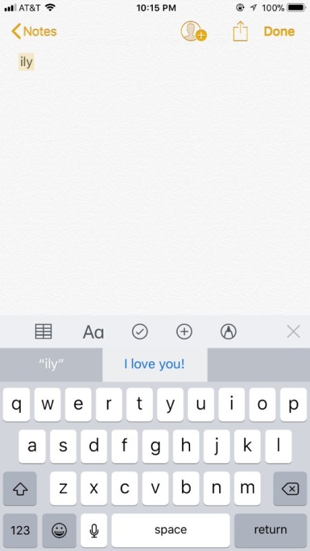 Organize Your Phone with Shortcuts - Notes with ily listed.