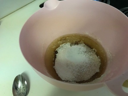 flour added to egg and oil