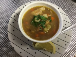 Fava Bean and Chicken Soup in serving bowl