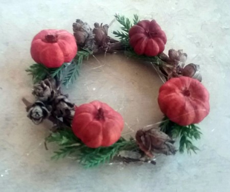Autumn Tea Light Candle Wreath - glue on pumpkins and pine cones