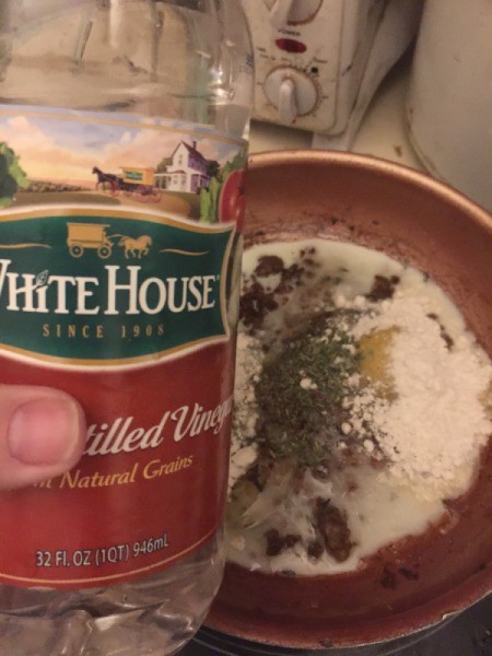 adding vinegar to skillet