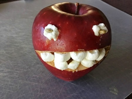 Fruit Monsters - fill eye sockets with peanut butter, bits of marshmallows and a sunflower seed pupil