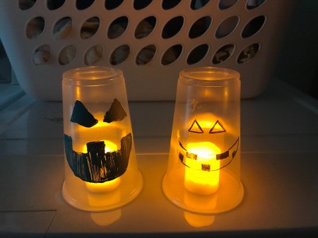 Pumpkin Decor - two finished cup pumpkins lit with LED candles