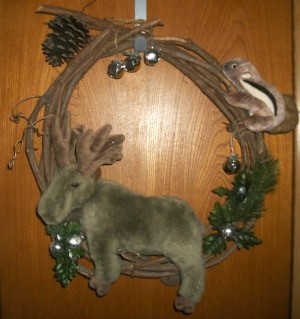 Moose Wreath - grapevine wreath with stuffed moose and chipmunk toys