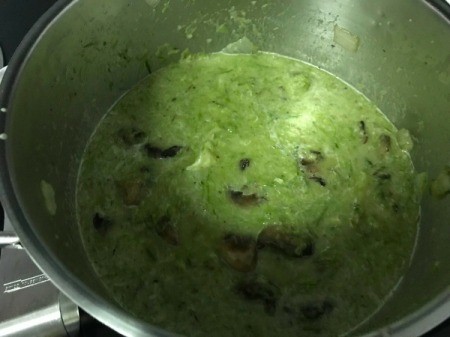 adding mushrooms and asparagus tips to Asparagus Soup