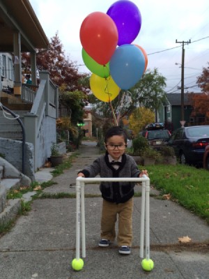 "Up" Old Man Halloween Costume - young boy in PVC pipe walker