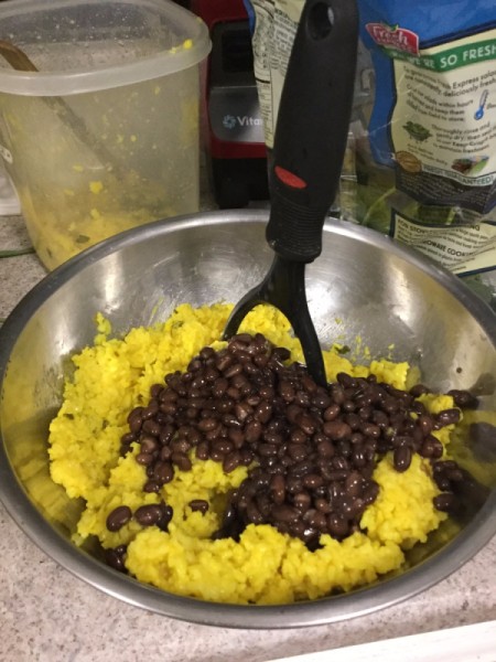 mixing beans with rice