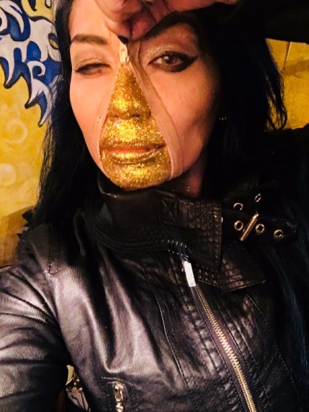 Golden Girl Beneath My Skin Costume - hold zipper and it appears as though unzipping to reveal golden face