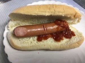 hotdog on bun with catsup