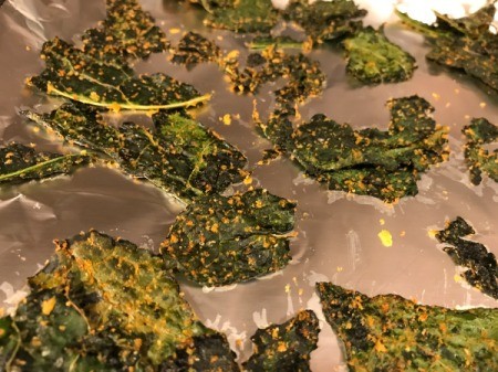seasoned kale chips spread on sheet