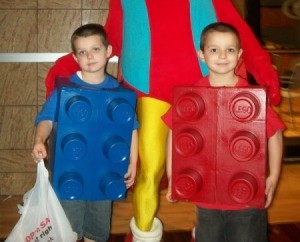 Lego Brick Halloween Costumes = two young boys wearing Lego costumes