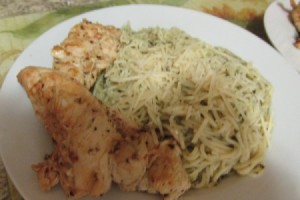 Marinated Chicken with Pesto Angel Hair Pasta on plate